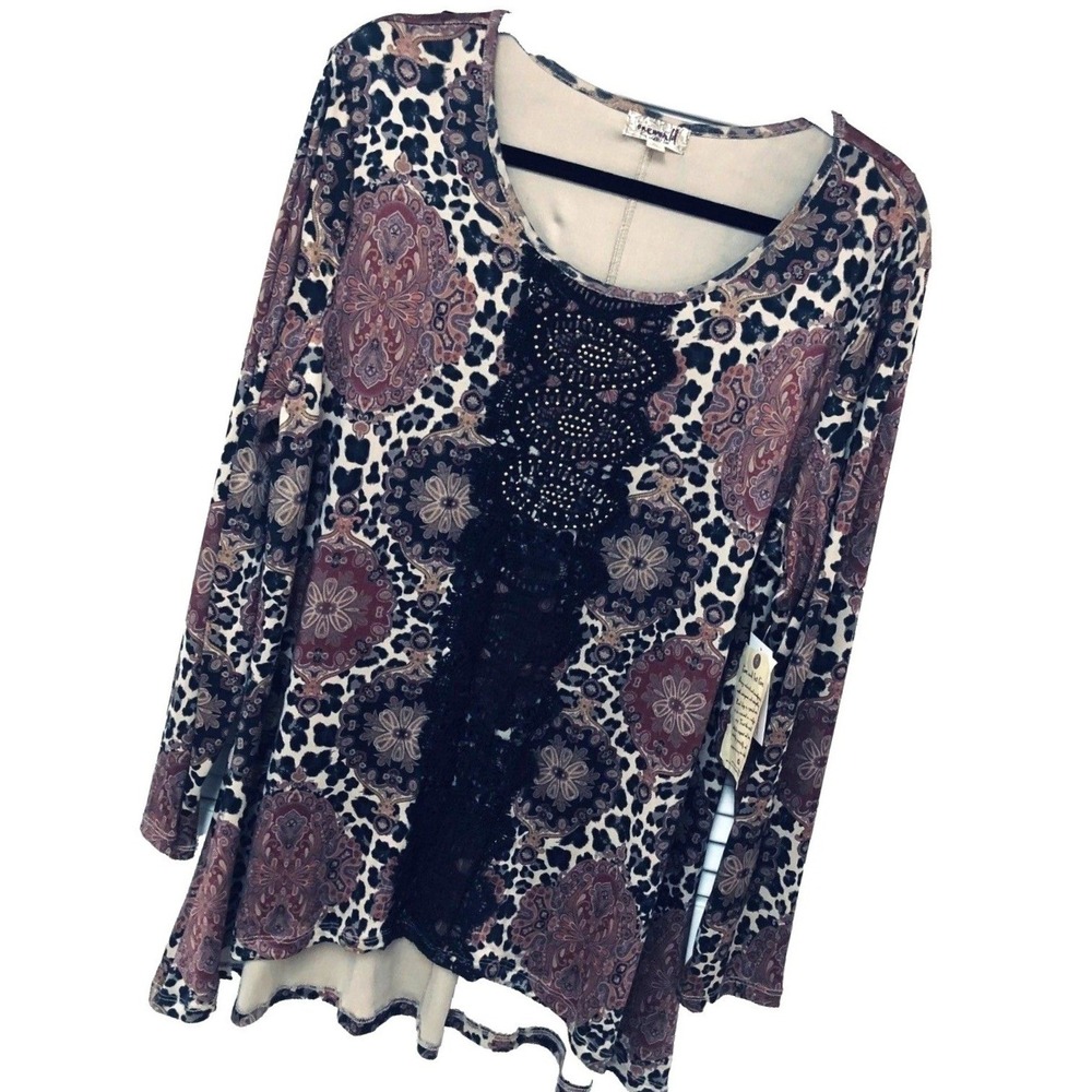 NWT One World Animal Print Tunic Lace Y2K Rhinestone Goth Whimsigoth‎ Womens XL